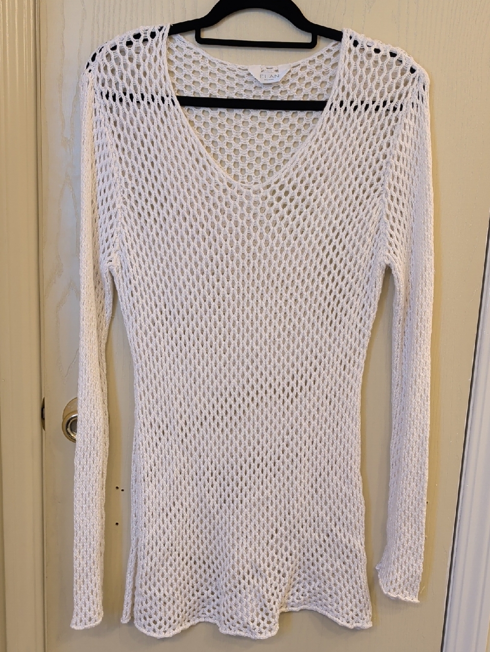 Elan Beach Crochet Open-Knit V-Neck Swim Cover-Up/Tunic White 100% Cotton - M